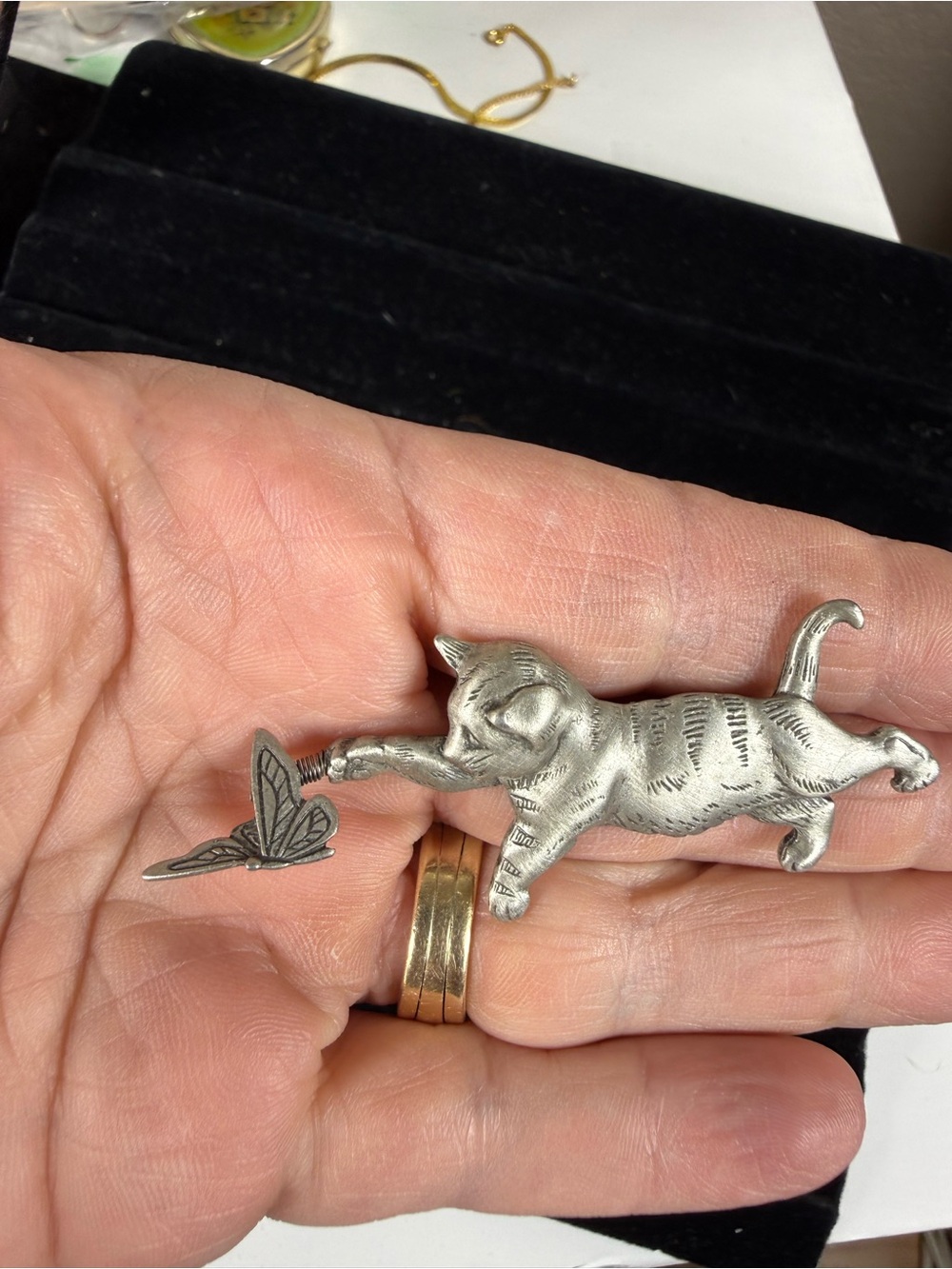 Silver Cat Playing with Butterfly Brooch